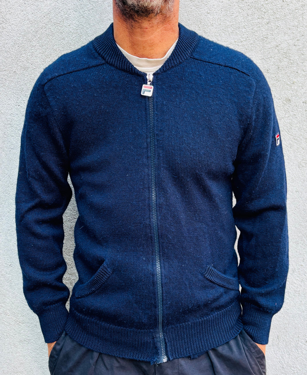 FILA Navy Zip Wool Cardigan. Sz 38. Italy.