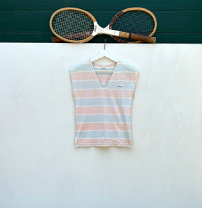 ELLESSE Pink/Blue Stripe V-Neck Tennis Top. Sz 7.