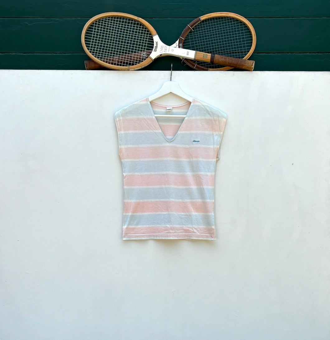 ELLESSE Pink/Blue Stripe V-Neck Tennis Top. Sz 7.